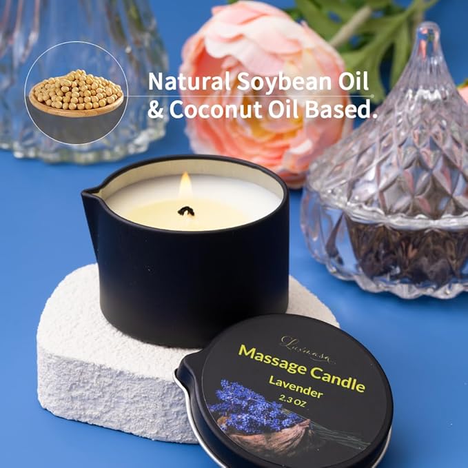 Massage Oil Candle 3 Pack, Amazing Gift Set, Warming Skin Moisturizing Body Lotion Oil, Soy Wax Low Temp Scented Candle 6.9 OZ (Lavender,Little Black Dress,Satan Knee)