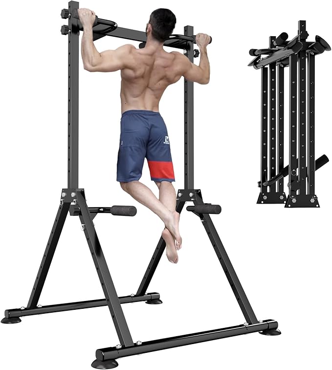 Foldable Power Tower Dip Station Pull Up Bar, Multifunction Triangular Structure Pull Up Station Home Gym Strength Training Workout Equipment