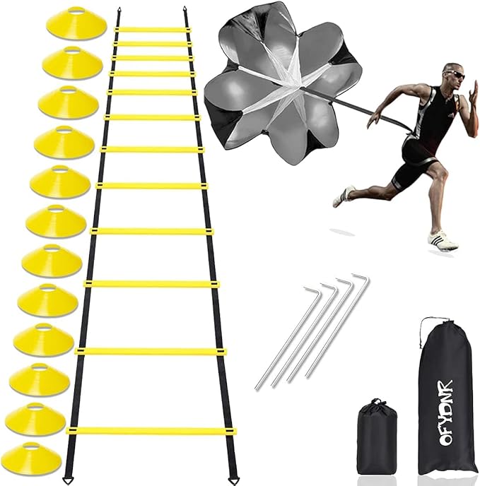 OFYDNR Speed Agility Ladder Training Set, 12 Rung 20Ft Agility Ladder, 12 Disc Cones, 4 Steel Stakes, Resistance Parachute with Carry Bag