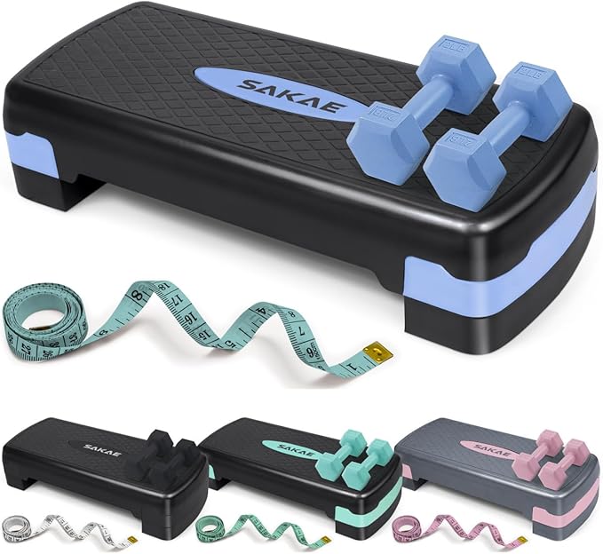 SAKAE Step Aerobics Platform Set with Dumbbells & Measuring Tape, Aerobic Steppers for Exercise at Home, Adjustable Height 2 Level Risers Workout Step Trainer with Non-Slip Surface, Multiple Colors