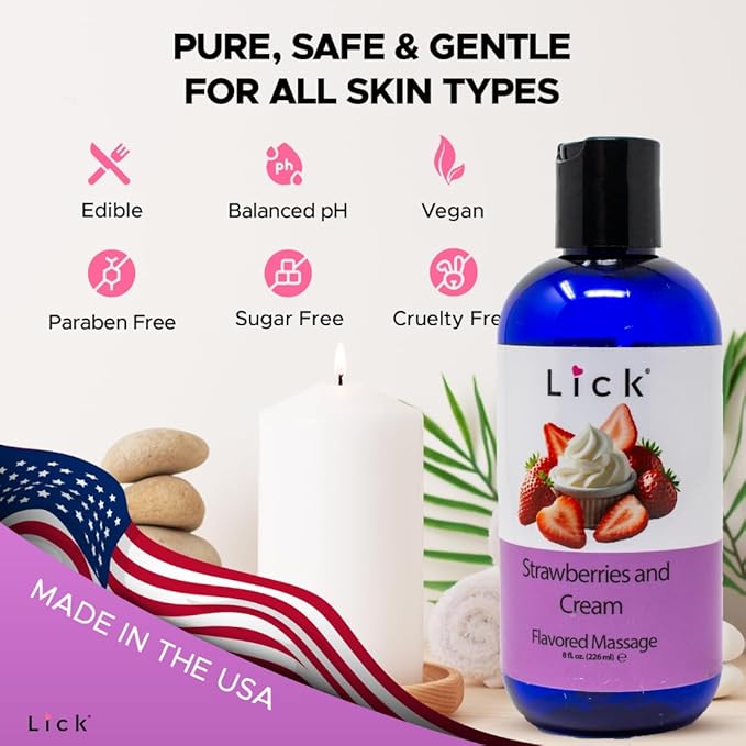Lick Strawberries and Cream Flavored Massage Oil – 8 oz Edible Body Oil for Couples, Lightweight Formula for Glowing Skin