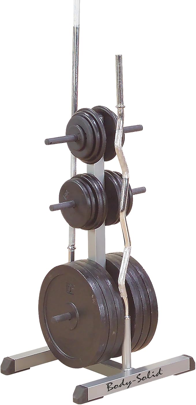 Body-Solid (GSWTB) Standard Weight Plates Tree & Bar Holder - 1000 lb Capacity Plate Storage Rack with Central Load Distribution - Durable Powder Coat Finish