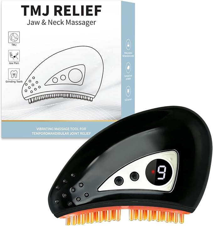 TMJ Relief Products Jaw, Handheld TMJ Relief Massager with Vibrating & Heating and PulsMode, Ergonomic Multi-Needle Design TMJ Massage Tool for Jaw & Neck Pain, Stiff Jaw, Tension, Stiffness (Black)