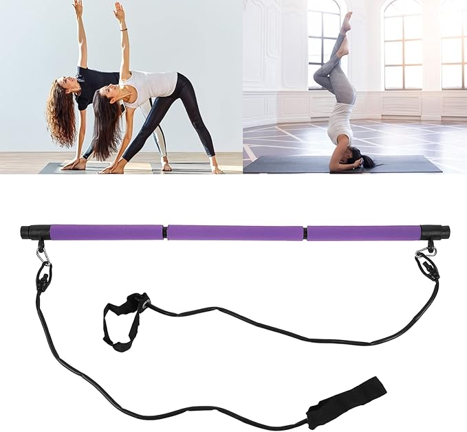 3 Sections Pilates Bar, Pilates Exercise Stick with 2 Tension Straps, Detachable Yoga Pull Rods for Full Body Workout, Home Gym Fitness Equipment for Men and Women