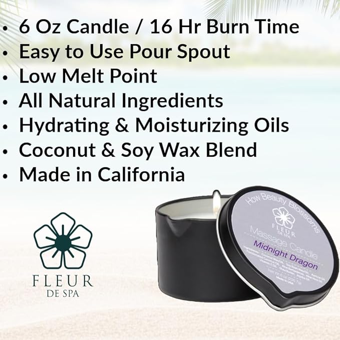 FLEUR DE SPA Massage Oil Candle – 6oz with Pour Spout – Made in USA – All Natural Coconut & Soy Blend – Melts to Warm, Alluring & Hydrating Body Oil – Perfect Spa & Gift Candle (Midnight Dragon)