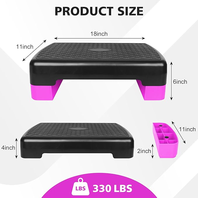 18'' Adjustable Aerobic Step Platform, Adjustable Fitness 4-6in Exercise Stepper Workout with 2 Risers, Aerobics Stepper Workout Stepper for Home Gym Cardio Strength & Training