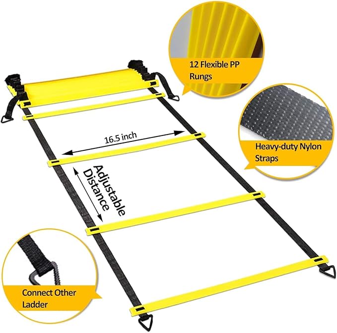 OFYDNR Speed Agility Ladder Training Set, 12 Rung 20Ft Agility Ladder, 12 Disc Cones, 4 Steel Stakes, Resistance Parachute with Carry Bag