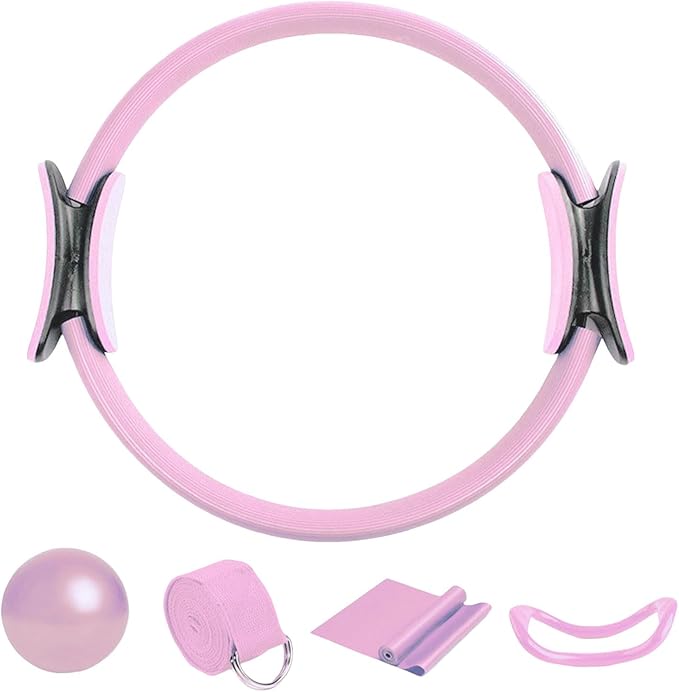 Pilates Ring, 15" Durable 5 Pack Pilates Circle with Resistance Bands,Mini Ball,Yoga Strap,Padded Handles Magic Circle,Pilates Circle Ring Equipment for Workouts,Home Exercise,Fitness,Body Toning