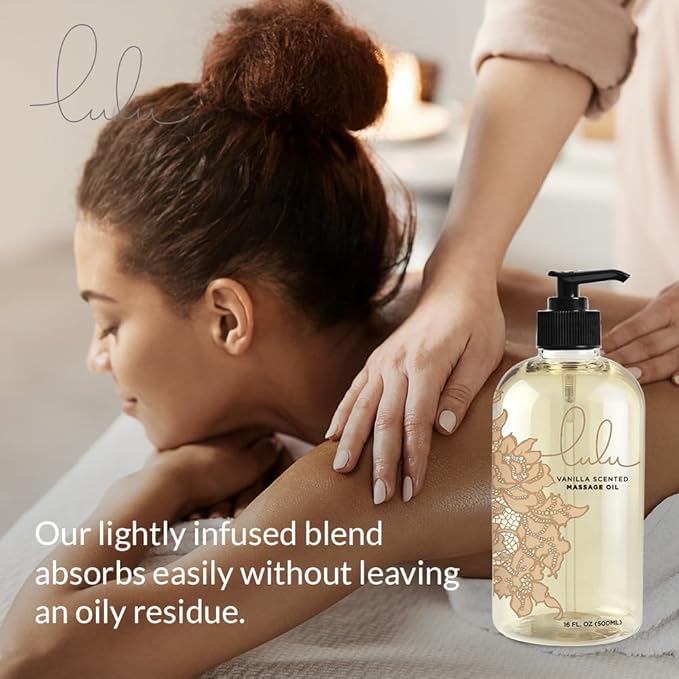 Lulu Vanilla Massage Oil with Fractionated Coconut & Cocoa Butter, Deeply Nourishing Non-Greasy Body Oil for Smooth Skin & Relaxation, for Date Night, Couples Massage & Massage Therapy, 16 fl oz Pump