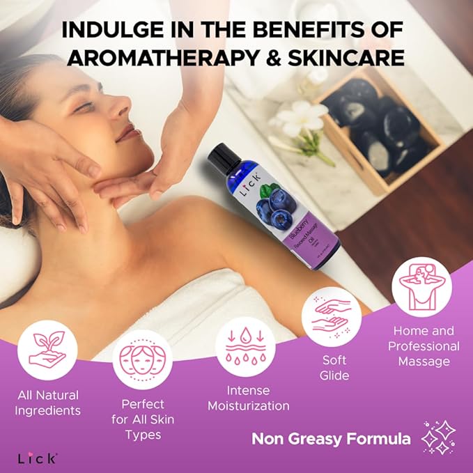 Lick Blueberry Flavored Massage Oil – Sweet Berry Edible Massage Oil with Sweet Almond Oil & Vitamin E, Lightweight Smooth Glide for Couples Massage & Play, 4 oz