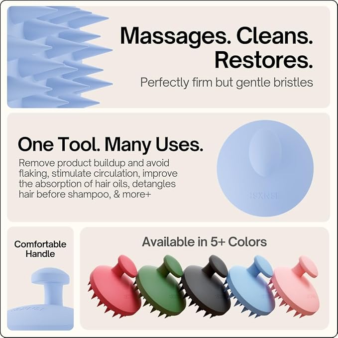 SXNSE - Revive Silicone Scalp Massager, Arctic - Manual Hair & Scalp Scrubber for Dandruff, Buildup, Itch, & Hair Growth - Soft Exfoliating Silicone Bristles for Wet & Dry Hair, Flake-Free Finish