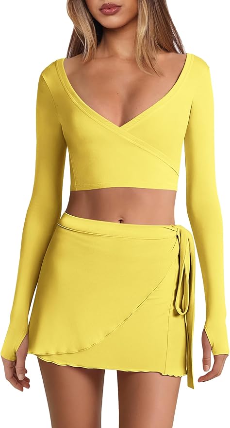 Nirovien Womens 2 Piece Workout Sets Sexy Pilates Outfits Athletic Gym Yoga Sets Ballet Wrap Top and Skirt