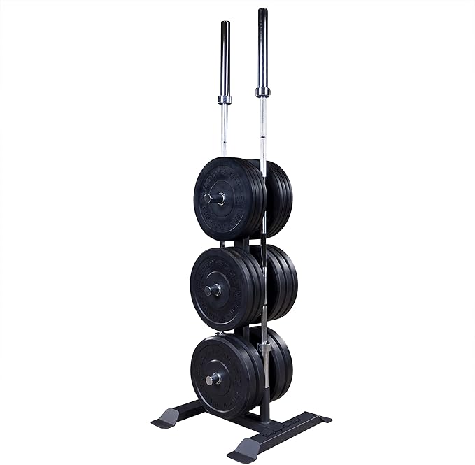 Body-Solid (GWT56) Heavy-Gauge Vertical Weight Tree Rack & Olympic Bar Holder, Commercial Bumper Plate Storage with 6 Chrome Weight Horns, Home Gym Weight Plates & Barbell Stand, 1000 lbs Capacity