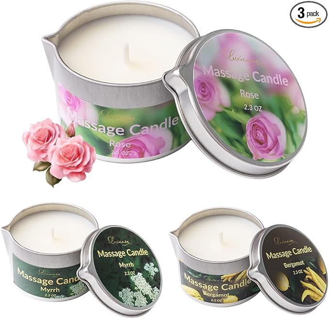 Scented Massage Oil Candle 3 Pack with Essential Oils, Warm Massage Body Oil, Aromatic Relaxing Soybean Low Temp Aromatherapy Candle 6.9OZ (Rose,Myrrh,Bergamot)