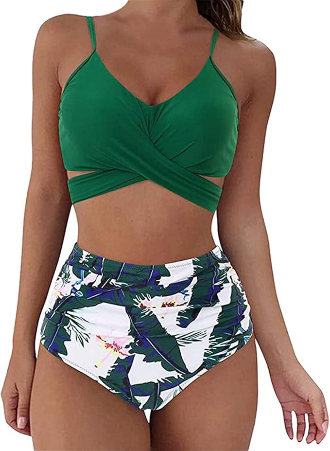 Womens Front Cross Ruched Bikini Set Twist Wrap Swimwear High Waisted Bottoms Print Straps Push Up Swimsuits