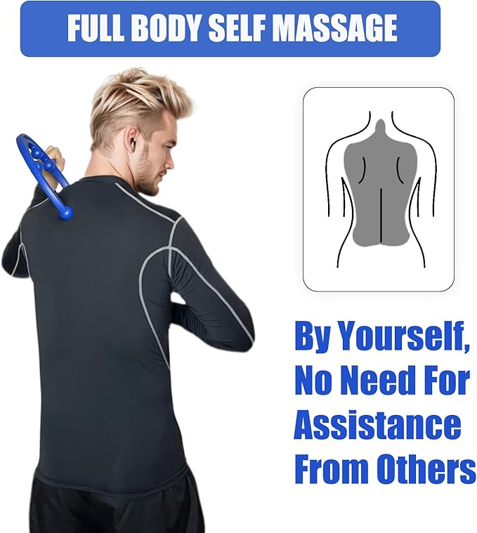 Trigger Point Massager & Back Cane- Deep Tissue Back Massage Tool for Muscle Knot Pain Relief (Back, Neck, Shoulder, Legs & Feet), Handheld Self Massage Cane with S-Shaped Dual-Section Design(Blue)