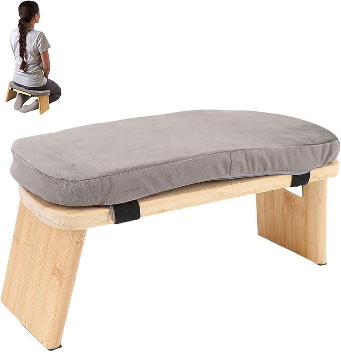 Wooden Meditation Bench, Ergonomic Detachable Kneeling Stool with Soft Cushion for Yoga and Meditation, Minimalist Design Home Use (Grey)