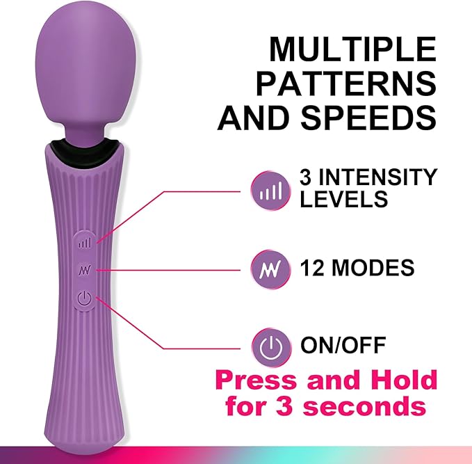 Handheld Wand Massager - Rechargeable Cordless Body Massager with 12 Vibration Patterns & 3 Speeds - Waterproof Silicone Percussion Massager for Neck, Shoulder, Back Muscle Relief - Rose Purple