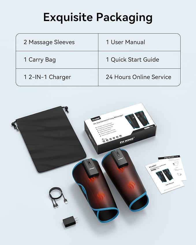 FIT KING Cordless Calf Massager with Heat & Compression – Rechargeable Leg Massager for Circulation, Edema, RLS & Pain Relief, 3 Heat Levels, 3 Modes & Intensities, Portable, Mom, Dad, Athlete Gift