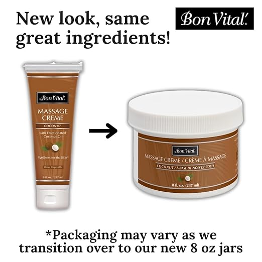 Bon Vital' Coconut Massage Creme Made with 100% Pure Fractionated Coconut Oil, Moisturizer to Repair Dry Skin, No Greasy Feel, Anti-Aging Cream for Professional Massage, 8 Ounces (Packaging May Vary)