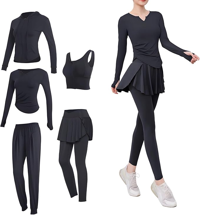 For Women Pilates Workout Set, Yoga Wear Four Piece Set, Jacket, Long Sleeve Top, Sports Bra Included, Xxl Size Fits 135-150, Breathable Polyester-Spandex Fabric