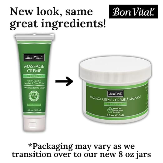 Bon Vital' Organica Organic Massage Creme, 8 oz Jar, Organic Jojoba Oil, Non-Greasy, Hypoallergenic, Cream For Sensitive Skin, Massage Therapy & Muscle Relaxation, Spa Quality