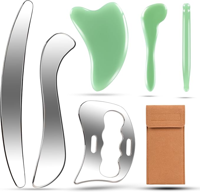 Stainless Steel Muscle Scraper Tool 6 in1 Gua Sha Facial Tools Body Gua Sha Tools Jade Stone Point Massage Tool Scraper Tool Massage Used for Face, Back, Legs, Arms,Neck,Shoulder
