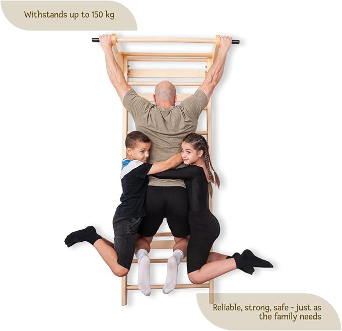 Swedish Ladder Wall Bars with Pull-Up Bar & Dip Station – Wooden Stall Bars, Multifunctional Home Gym Wall Ladder for Strength Training & Stretching