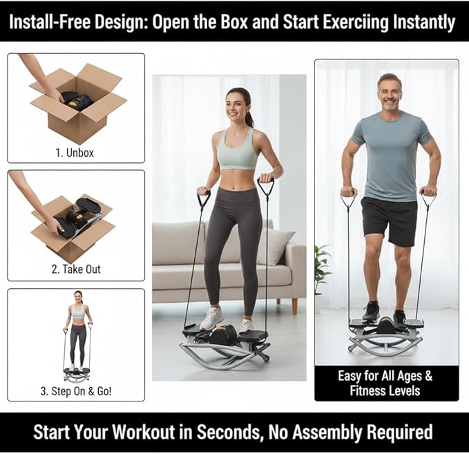 Lateral Rocking Fitness Stepper Home Workout Machine, Portable Compact Rocking Stepper Side to Side with LCD and Resistance Bands, Low-Impact Lateral Steppers for Knees and Joints