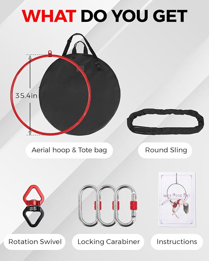 DASKING Premium Red Aerial Hoop Kit 85cm (33.5")/90cm (35.4") Single-Point Ring, Professional Aerial Ring Set, 2-Ton Safety System & Glossy Finish