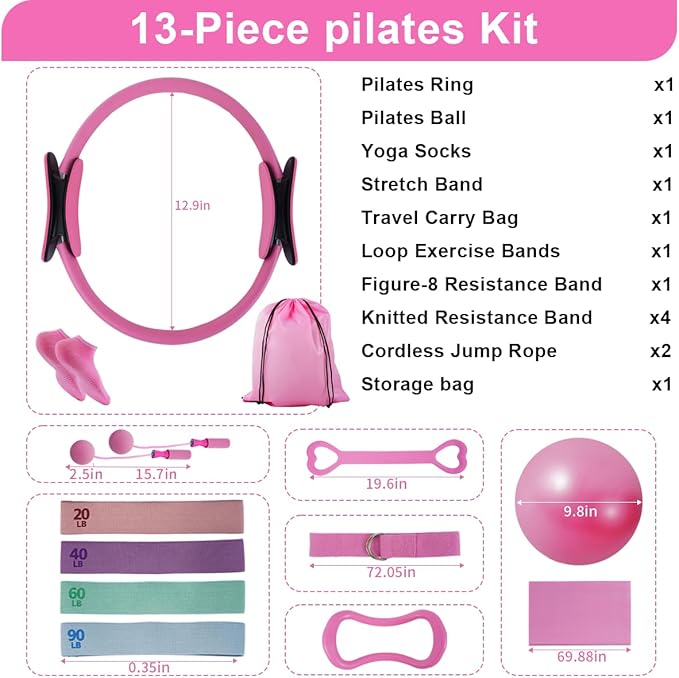 Pilates Essentials Kit for Women, Home Pilates Kit with 12.9" Ring and 9.8" Mini Ball, 4 Fabric Loop Bands, Figure-8 Band, Stretch Strap, Jump Rope, Carry Bag
