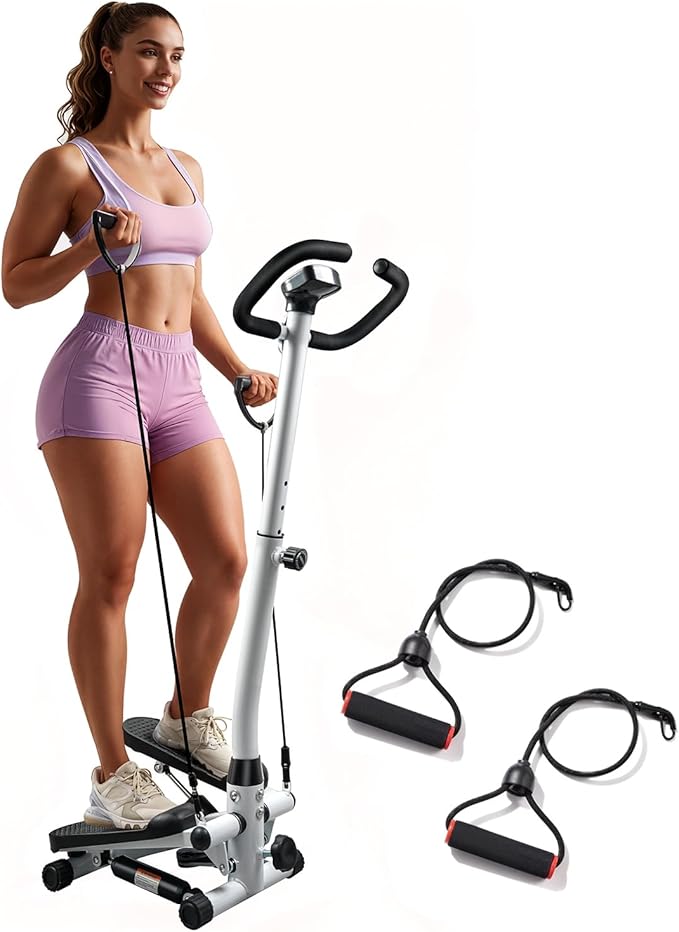 Mini Stair Stepper for Exercise at Home with Adjustable Handlebar & Resistance Bands,Quiet Compact Stair Stepper Machine,LCD Monitor,Portable Indoor Leg/Glute Cardio Fitness, White