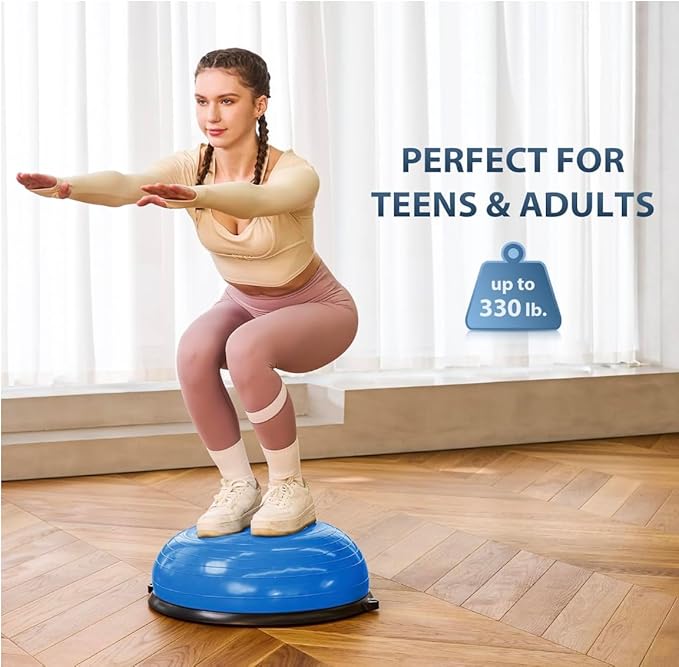 Balance Ball Trainer with Resistance Bands and Foot Pump, Inflatable Yoga Ball for Home Gym Workouts, 23 Inch Exercise Half Ball for Balance Training Core Strength Fitness More, 330lb Cap