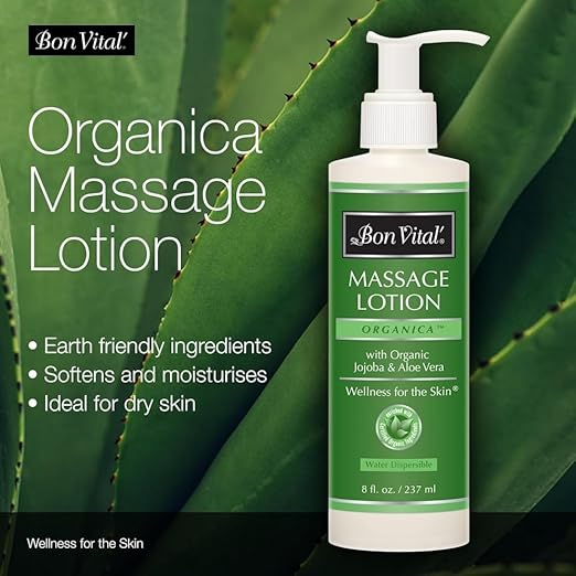 Bon Vital' Organica Massage Lotion Made with Certified Organic Ingredients for an Earth-Friendly & Relaxing Massage, Natural Moisturizer Perfect for Relaxing Back & Neck Massages, 8 Oz, Label may Vary