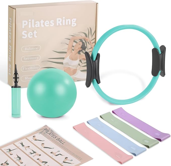 Home Pilates Essentials Kit - Complete Equipment Set with 14-Inch Ring, 9.8-Inch Ball, and 4 Resistance Bands for Beginners to Enhance Muscle, Flexibility & Core Strength at