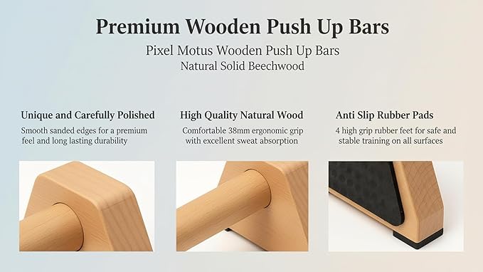 Wooden Push Up Bars – Solid Beechwood Parallettes with Ergonomic Wrist-Friendly Handles, Non-Slip Rubber Feet, Heavy-Duty Home Workout Bars for Calisthenics, Strength Training & Dips