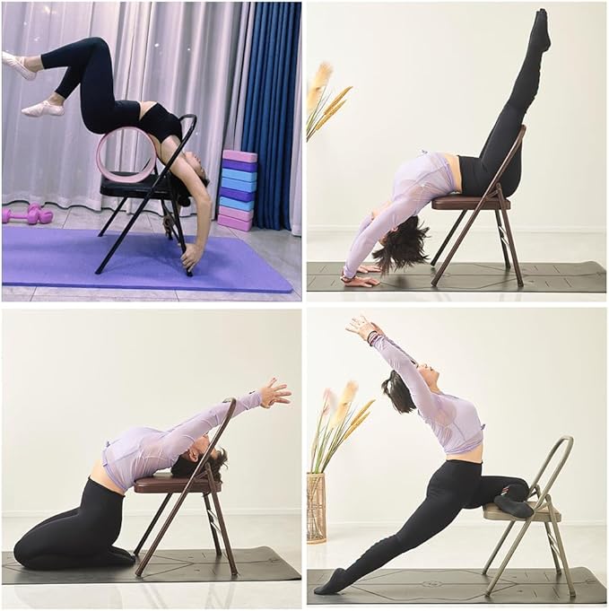 Yoga Auxiliary Chair Yoga Practice Balance Chair for Iyengar Foldable Pilates Yoga Chair with Anti-Slip Foot,PU Cushion,Double Beam Design,Black