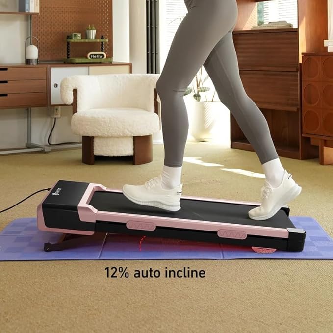 DeerRun Walking Pad Treadmill with Incline, 12% Auto Incline Under Desk Treadmill, 3.0 HP, 300 lb Capacity, Portable Treadmill for Home Office, Remote & App Control