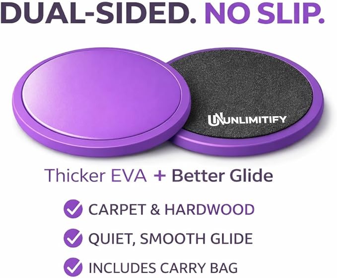 Core Sliders for Carpet & Hard Floors – Dual-Sided Exercise Discs for Home Workouts, Pilates & Ab Training, Smooth & Carpet Gliding Design with Storage Bag (Purple)