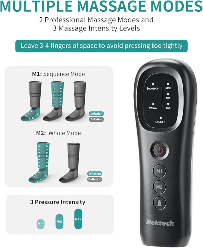 Nekteck Leg Massager for Circulation and Relaxation, Air Compression Foot and Calf Massager to Relieve Pain Edema Swelling with 2 Size Extensions, Gift for Mom Dad Men Women