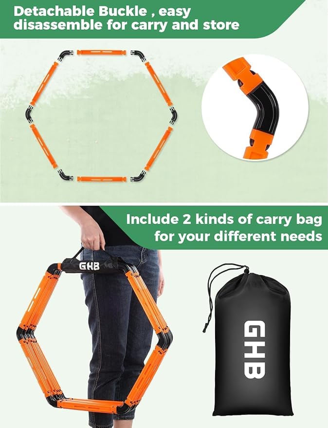 GHB Agility Ladder 1 Pack and Hex Agility Rings 1 Pack 12 Rung 20ft with 3 Carrying Bag