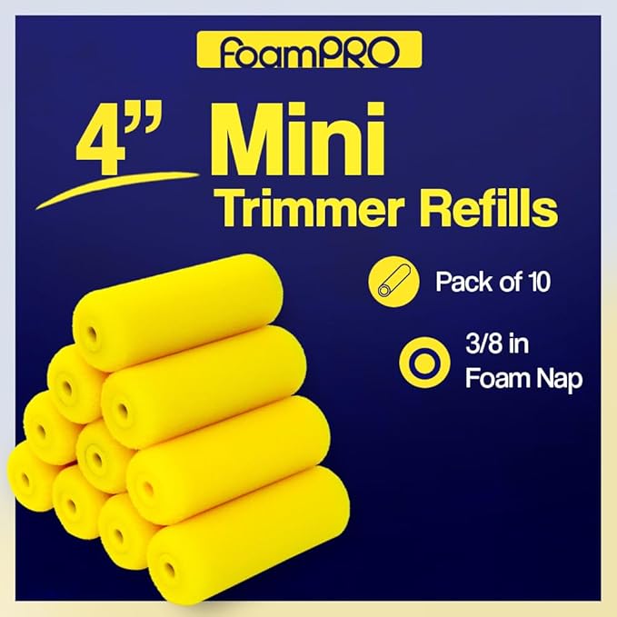 FoamPRO 65-10 Mini Trimmer Refill - 4-Inch Paint Rollers for Precision Painting- with 3/8 in Nap - Pack of 10, Yellow