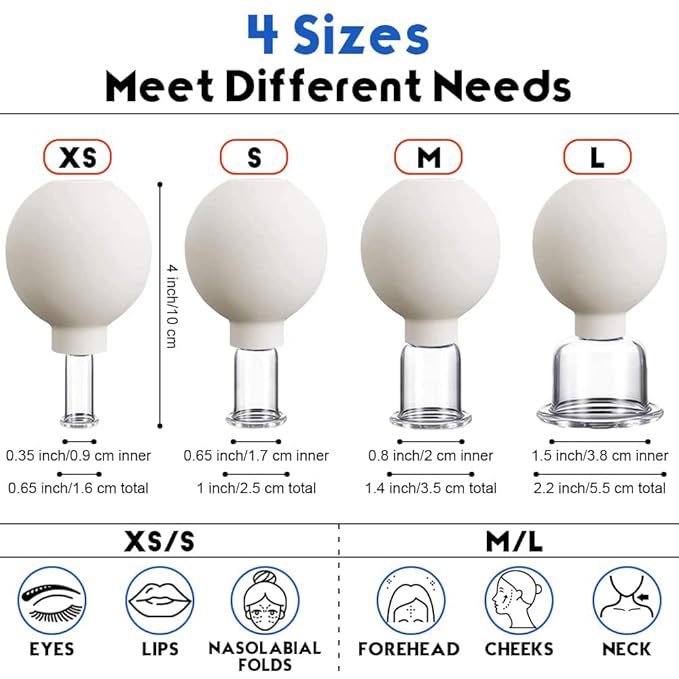 4 PCS Glass Facial Cupping Set | Silicone Vacuum Suction | Cupping Massage Therapy | A Kit For Anti Cellulite, Anti Wrinkle and Instantly Ageless Skin | For Eyes, Face and Body(White)