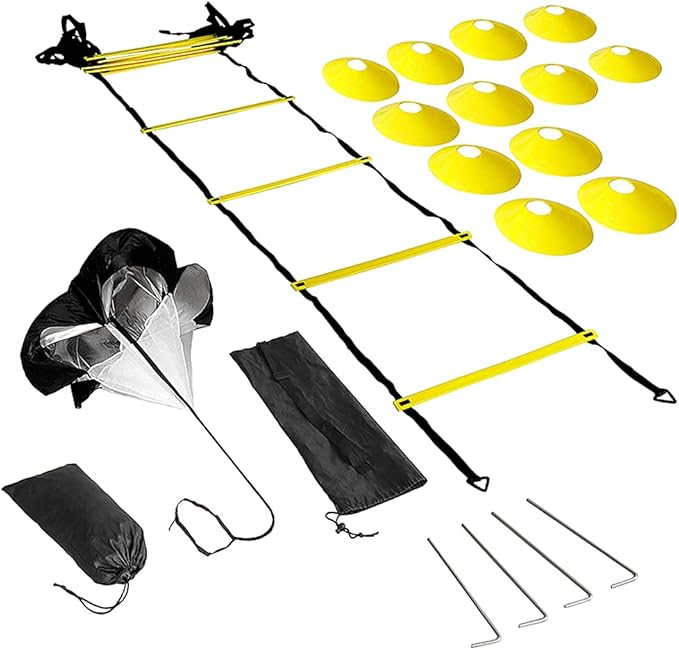 12-Rung Agility Ladder with Resistance Parachute for Football Training Kit with Stakes Cones Drawstring Bags, PEPPNylon Material
