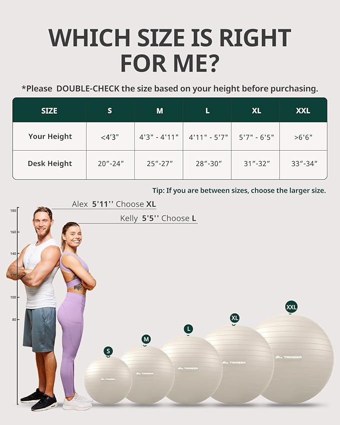 Trideer Exercise Ball for Yoga, Pilates & Fitness – Stability Ball Equipment for Home Gym & Office Chair, Core & Balance Training Accessories, Physical Therapy Equipment, Quick Pump Included, 5 Sizes