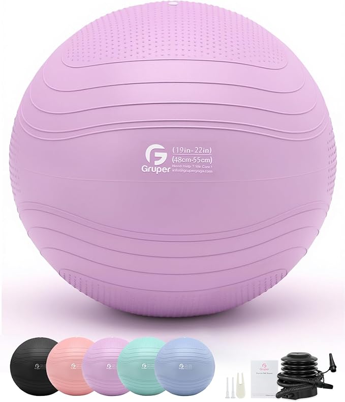 Gruper Yoga Ball, Extra Thick Exercise Ball for Workout Pregnancy Stability - 4 Sizes Anti Burst Balance Ball for Yoga, Pilates, Fitness, Birthing, Physical Therapy - Includes Pump