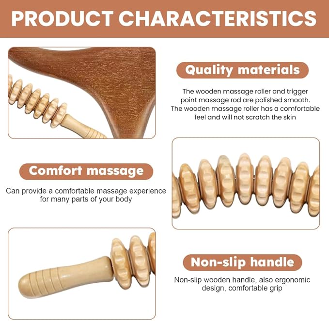 2pcs Wood Massage Roller Wood Therapy-Massage Tools,Manual Wooden Fascia Massage-Roller Trigger Points,Stomach Rolling guasha Massager Tool, for Fascia,Relief, Body Shaping