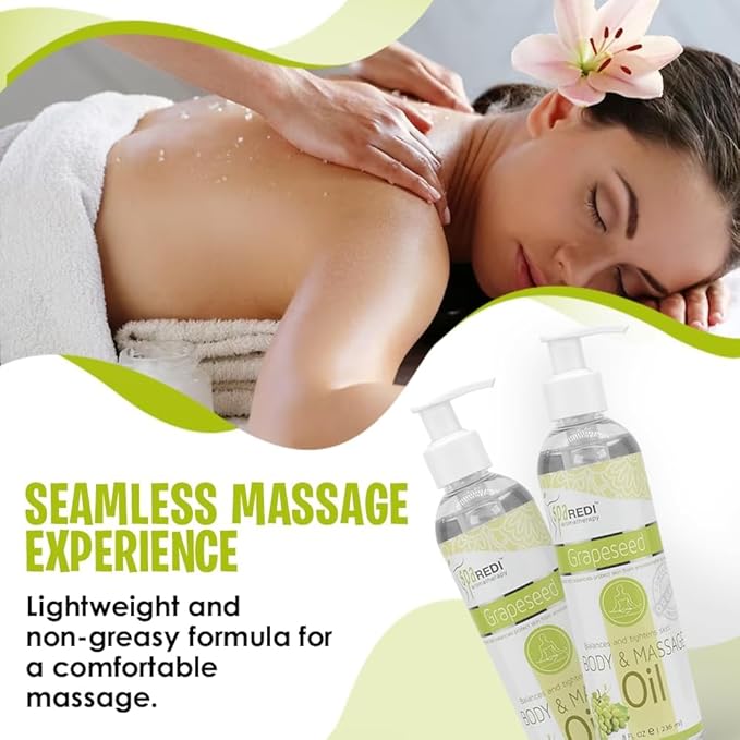 SPA REDI - Massage Oil, Grapeseed, 8 Oz - Professional Full Body Massage Therapy, Manicure, Pedicure - Relax Sore Muscles and Repair Dry Skin, Enhanced with High Absorption Oils and Vitamin E