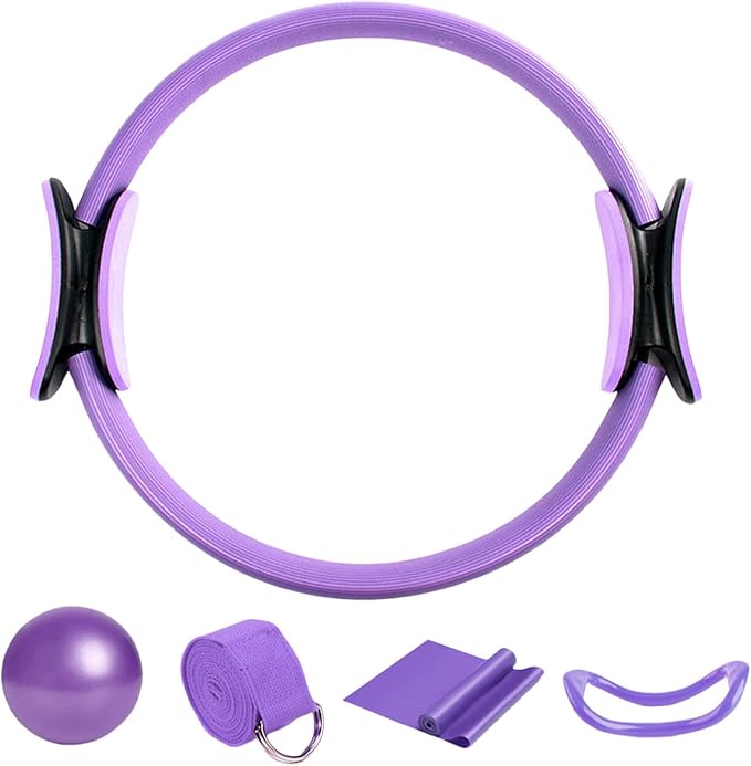 Pilates Circle Ring, 15" Durable 5 Pack Pilates Circle with Yoga Strap,Magic Circle,Resistance Bands,Mini Ball,Pilates Ring and Ball Set Equipment for Workouts,Home Body Toning,Fitness,Exercise