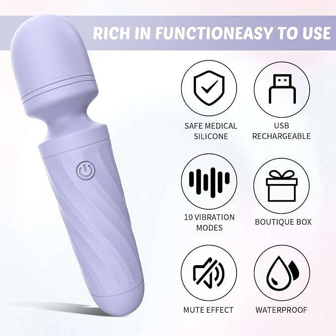 Handheld Personal Mini Massager Tool– Waterproof, USB Rechargeable, 10 Vibration - Perfect on Back Legs Hand Pains and Sports Recovery(Gray Purple)